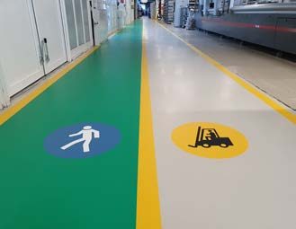 Sol vert avec marquages jaunes et pictogrammes
